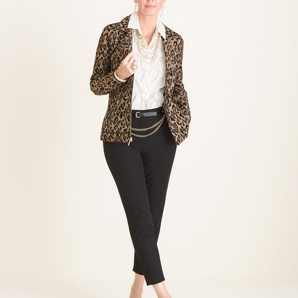 43. Chicos leopard print leather trim gold zipper US size 10-12 Moto type Jacket - Picture 10 of 11
